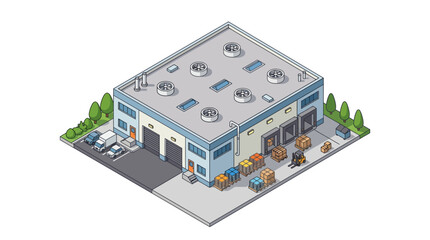 Obraz premium Isometric warehouse building with loading docks, forklifts, and delivery trucks in an industrial setting, showcasing logistics and distribution operations