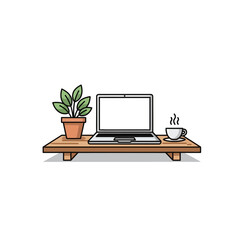 Fototapeta premium A minimalist desk setup featuring a laptop, a potted plant, and a steaming cup of coffee on a wooden riser, creating a serene workspace ambiance