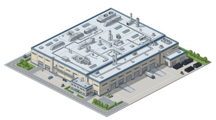 Obraz premium Isometric industrial warehouse building with loading docks and delivery trucks, representing logistics and supply chain operations