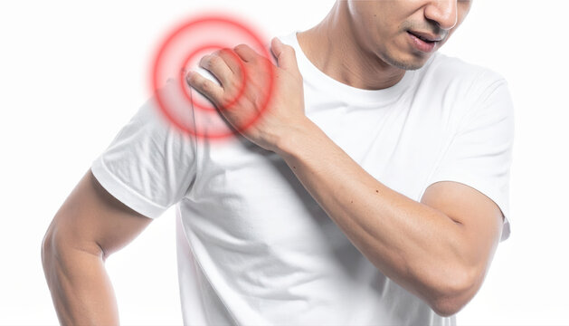 a man has pain in his right shoulder. marked in red