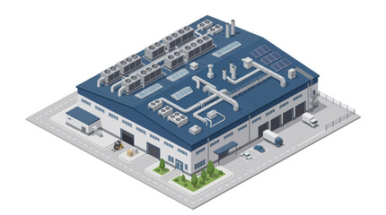 Obraz premium Modern industrial warehouse building with rooftop solar panels and air conditioning units, depicted in an isometric view