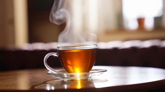 A steaming cup of tea on a table, with warm interior light and blurred background