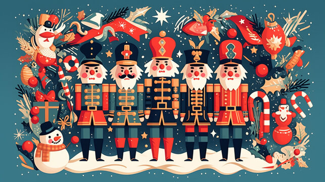 Festive Christmas Nutcracker Soldiers with Snowman Holly Wreaths and Candy Canes - Holiday Card Illustration