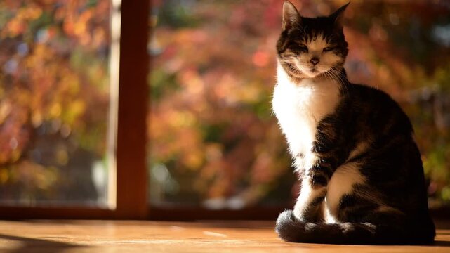 紅葉の庭を背景にのんびりしたいキジ猫と、遊びたくて仕方がない黒猫