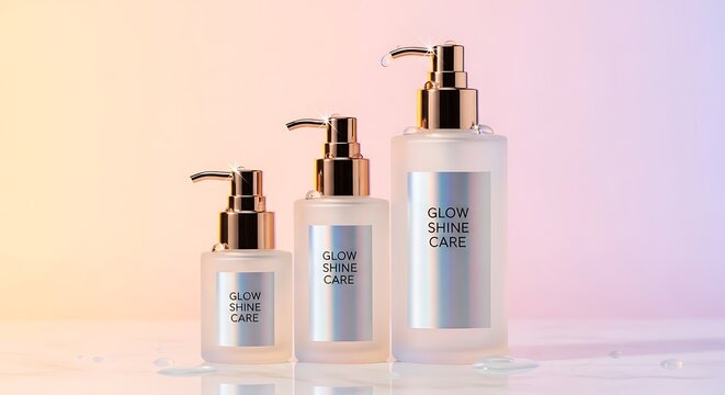 Frosted pump bottles with 'Glow Shine Care' against soft gradient