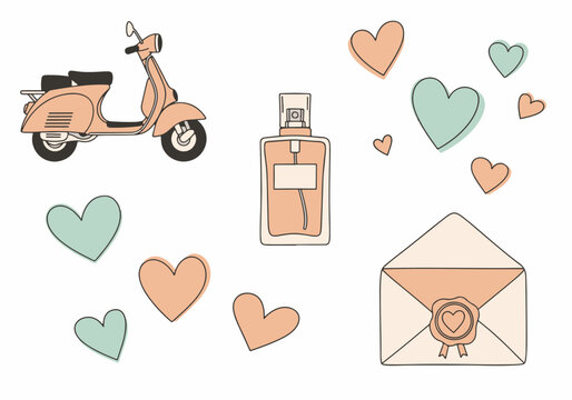 Romantic Lifestyle Vector Illustration Set with Scooter Perfume Envelope and Hearts