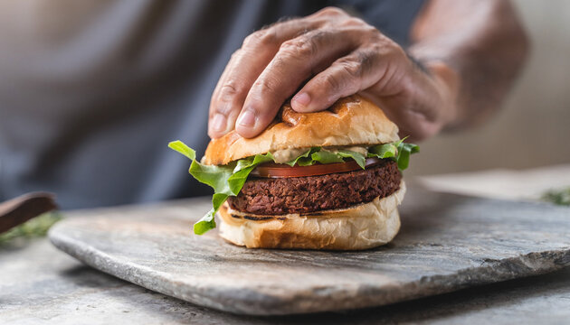 Hand placing top bun on a delicious plantbased burger with fresh lettuce and tomato on a rustic wooden board.