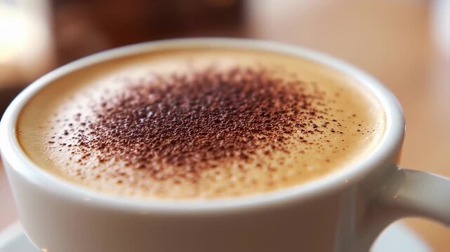 Close-up of a cappuccino with cocoa powder