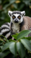 Fototapeta premium Ring-tailed Lemur Portrait - Captivating Gaze in Lush Greenery.