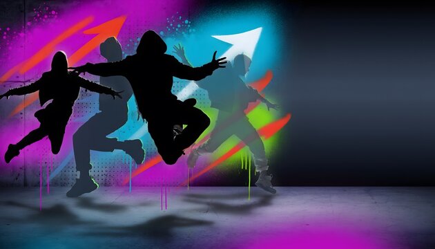 Silhouette of skateboarder jumping with colorful neon lights