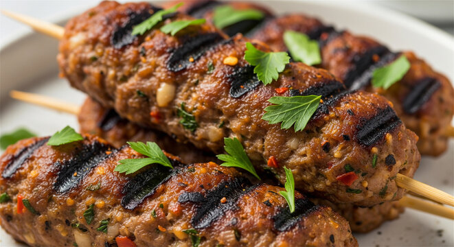 Grilled lamb kofta kebabs on wooden skewers, traditional middle eastern meat skewers with fresh parsley, juicy roasted beef lula kebab with grill marks