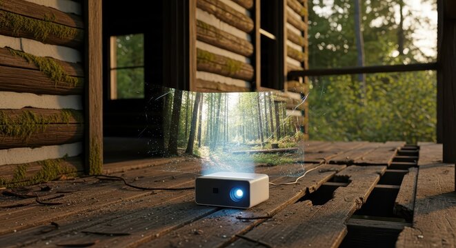 Small electronic projection device displays a sunlit forest scene onto the air outside a rustic wooden structure
