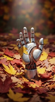 Metallic prosthetic hand emerges from a thick layer of brightly colored fallen foliage
