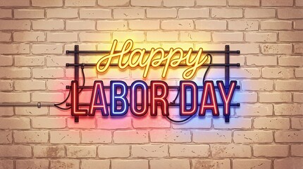 Obraz premium Neon sign saying Happy Labor Day on brick wall background 