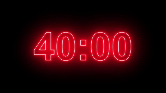 45 minutes digital countdown animation displays a timer counting down minutes and seconds. Perfect for presentation pauses. HUD user interface with technology stopwatch digital countdown.