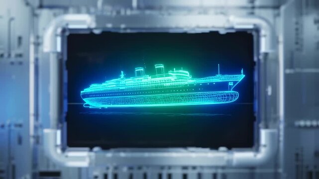 Digital blueprint of a ship displayed on a screen within a metallic frame