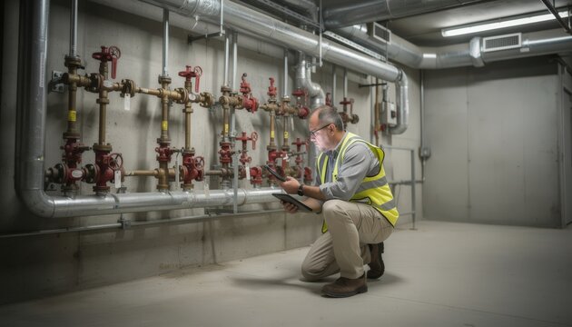 Commercial property inspector examining sprinkler system valves inside a strip mall utility room with blurred utility pipes around.