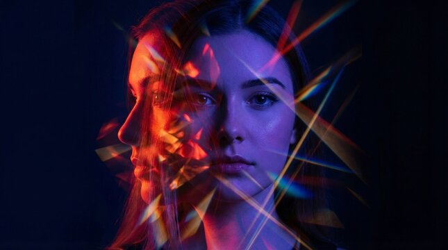 Woman's face with double exposure and colorful light refractions creating an abstract, artistic portrait.