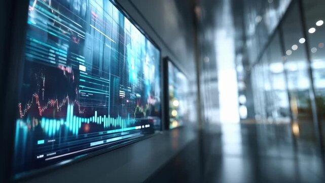 Digital screen displaying complex financial data charts in a modern office hallway