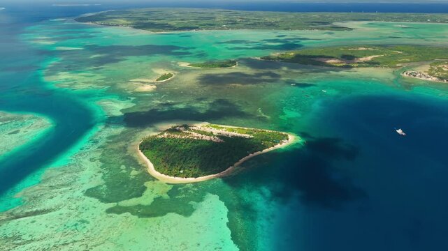 Aerial Drone Footage of Tonga Coral Reef, Deserted Islands and Shipwreck in Blue Pacific Ocean