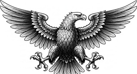 Obraz premium Detailed black and white illustration depicts a majestic predatory bird with spread wings and prominent talons