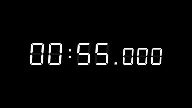 7 digits white digital countdown timer starting at 01:00:00 (60 seconds) on black background, featuring crisp seven-segment numerals with minutes, seconds, and milliseconds displayed prominently.