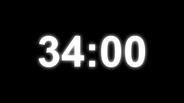 39 minutes digital countdown animation displays a timer counting down minutes and seconds. Perfect for presentation pauses. HUD user interface with technology stopwatch digital countdown.