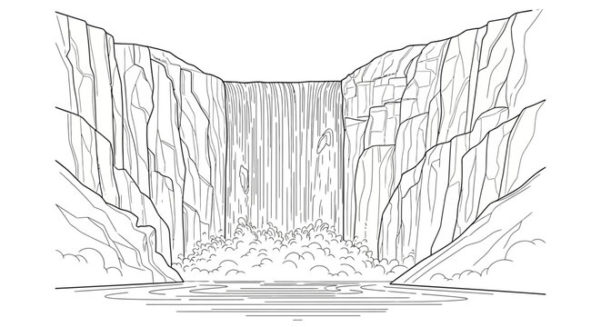 Cascading waterfall between towering rocky cliffs in a natural canyon landscape. Hand-drawn vector line art illustration.
