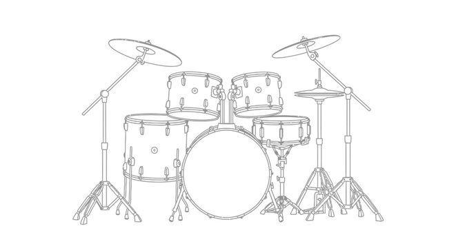 Detailed Line Art Illustration of a Drum Kit on a White Background, Perfect for Music, Rhythm, and Sound Concepts