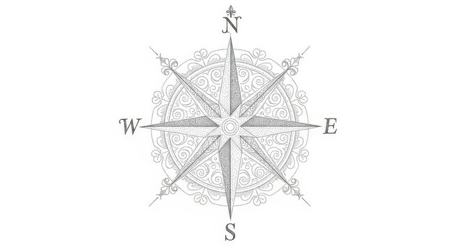 Ornate, detailed navigational rose with cardinal directions is centered on a white background.