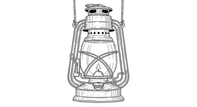 Vintage kerosene lantern sketch, old oil lamp drawing, antique portable light source illustration, retro illumination line art