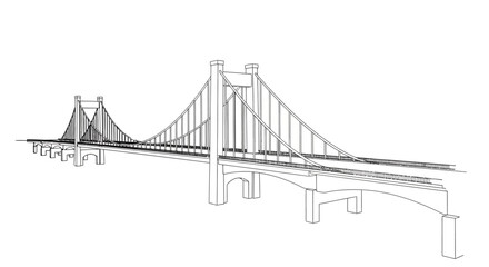 Fototapeta premium Modern suspension bridge detailed line art drawing. Architectural engineering outline illustration with towers, cables, and vehicles.