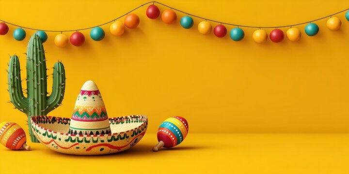Colorful Mexican fiesta setup with sombrero, maracas and cactus on bright yellow background