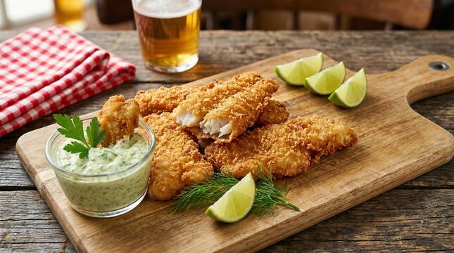 Fried fish strips (iscas de peixe) served with green herb sauce and lime on a wooden boar