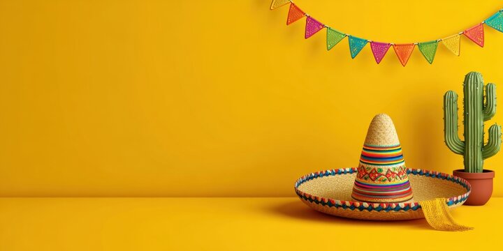 Colorful Mexican sombrero and potted cactus against a bright yellow fiesta background with bunting