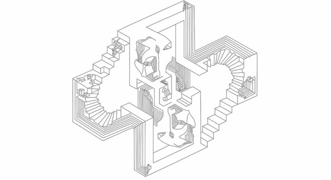 Abstract isometric drawing of an impossible geometric structure with endless stairs, a paradoxical optical illusion.