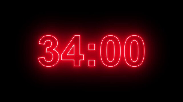 38 minutes digital countdown animation displays a timer counting down minutes and seconds. Perfect for presentation pauses. HUD user interface with technology stopwatch digital countdown.