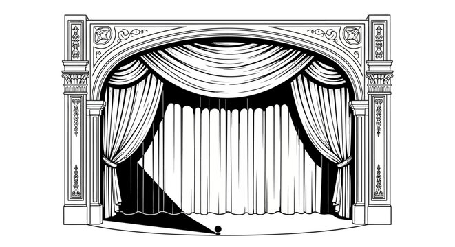 Vintage theater stage with ornate proscenium arch, elegant curtains, and dramatic spotlight. Classic performance venue illustration.