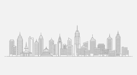 Obraz premium Modern city skyline minimalist line art vector illustration. Urban architecture outline drawing for design, business, and travel concepts.