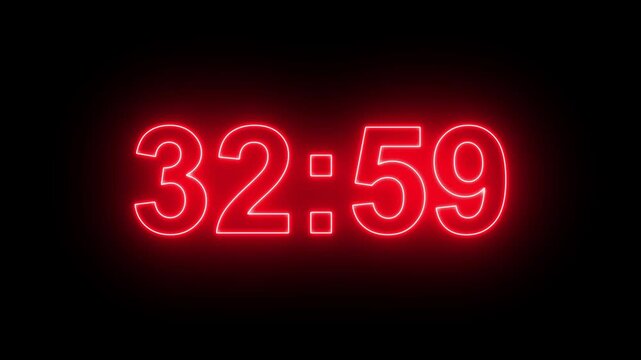 37 minutes digital countdown animation displays a timer counting down minutes and seconds. Perfect for presentation pauses. HUD user interface with technology stopwatch digital countdown.