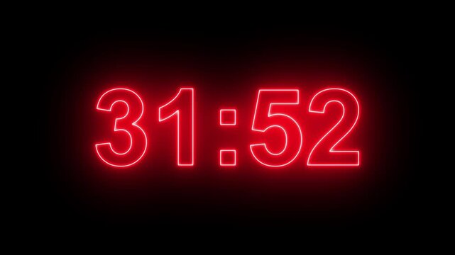 36 minutes digital countdown animation displays a timer counting down minutes and seconds. Perfect for presentation pauses. HUD user interface with technology stopwatch digital countdown.