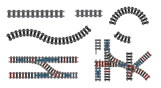 Collection of isolated train tracks, straight, curved, and junctions, white background