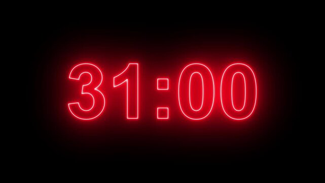 35 minutes digital countdown animation displays a timer counting down minutes and seconds. Perfect for presentation pauses. HUD user interface with technology stopwatch digital countdown.