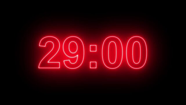 33 minutes digital countdown animation displays a timer counting down minutes and seconds. Perfect for presentation pauses. HUD user interface with technology stopwatch digital countdown.