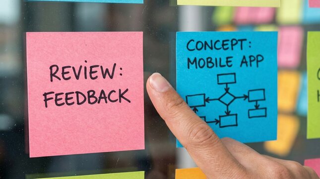 Brainstorming session with sticky notes on a glass wall, focusing on mobile app concept and review feedback