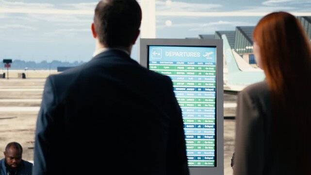 Executive colleagues side by side in airport prepares for business trip, working and traveling together for international business. Walking to the gate with luggage and passports, corporate travel.