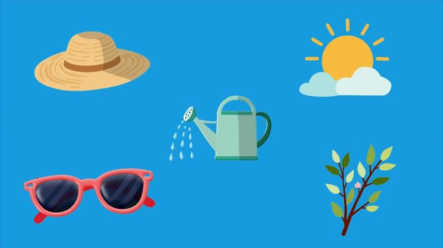 2D Animated Summer and Gardening Set with Hat Sun Watering Can Sunglasses and Plant for Seasonal Concept Flat Collection