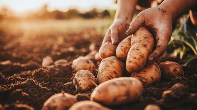 Hands Harvesting Potatoes in Golden Hour Field