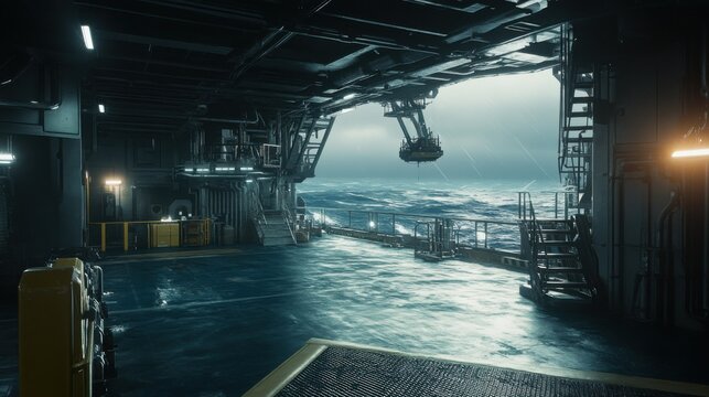 Offshore Diving Platform with Crane in Dramatic Ocean View