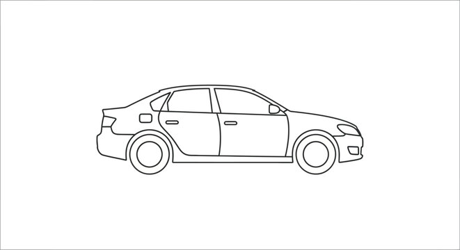 Generic Sedan Car Line Art Illustration Side View. Outline Vector Drawing of a Modern Passenger Vehicle for Transport and Travel Design.